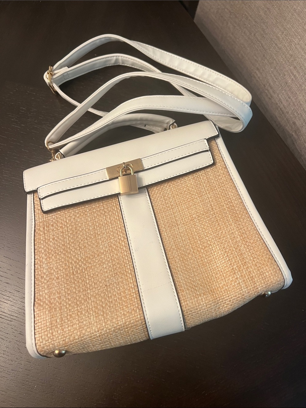 White and Natural Straw Crossbody Bag with Gold Lock